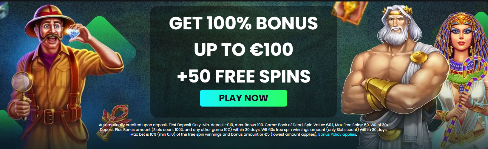 Casino bonus banner promoting a 100% welcome bonus up to €100 plus 50 free spins, featuring explorer, Greek god and Egyptian queen characters.