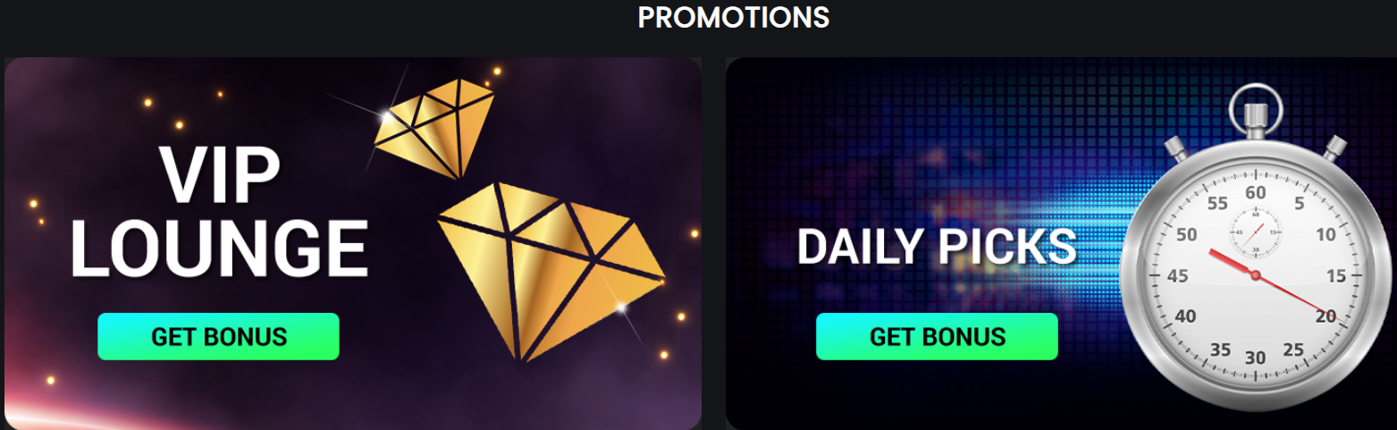 Promotions section featuring VIP Lounge and Daily Picks casino bonus banners with diamond graphics, a stopwatch, and green get bonus buttons.