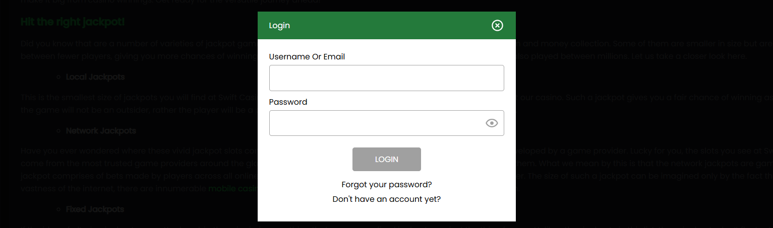 Swift Casino login popup with username or email and password fields, a grey login button, password recovery link, and account registration prompt.