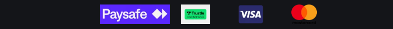 Payment methods banner showing Paysafe, Trustly, Visa, and Mastercard logos on a dark background.